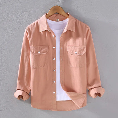 Men's Spring Autumn Long Sleeve Pure Color Cotton Casual Shirt Loose Fit Fashion Outerwear Workwear Style Zipper Closure