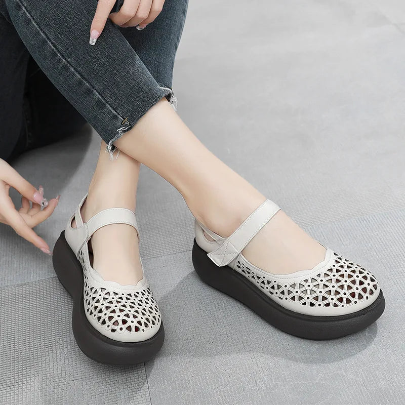 GKTINOO Genuine Leather Shoes Wedges Women Sandals 2026 New Spring Summer Hook & Loop Hollow Platform Sandals Large Size