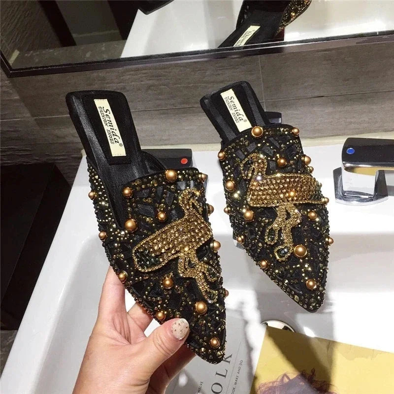 2025 Women Slippers Fashion String-bead Pointed Rhinestone Rivet Flat Women Shoes Slip-On Mules Loafer Sandals Slides