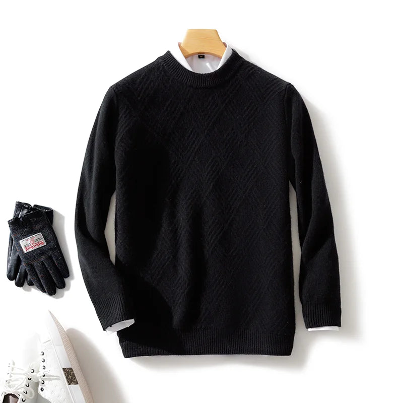 Men's 100% Wool Sweater Autumn Winter Thick O-neck Pullover Long Sleeve Rhombus Knitted Jumper Smart Casual Cashmere Knitwear