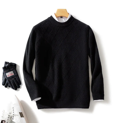 Men's 100% Wool Sweater Autumn Winter Thick O-neck Pullover Long Sleeve Rhombus Knitted Jumper Smart Casual Cashmere Knitwear