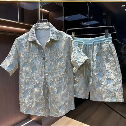 Ethnic Style Embossed Gold Flower Short Sleeve Shirt and Shorts Set