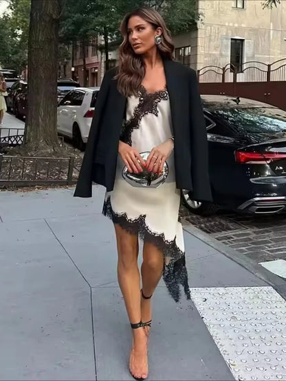 New Black White Patchwork Lace Satin Sexy Dress Chic Slip Irregular Hollow Out Backless Mini Dress Autumn Women Party Gown Dress