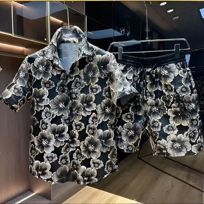 Ethnic Style Embossed Gold Flower Short Sleeve Shirt and Shorts Set