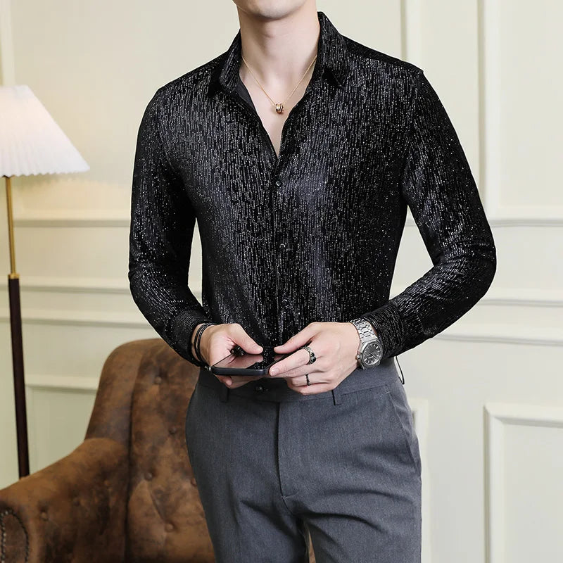 2024 Men's Shirts Luxury Shiny Velvet Social Shirts Autumn Winter Mens Dress Shirts Slim Long Sleeve Party Tuxedo Men Clothing