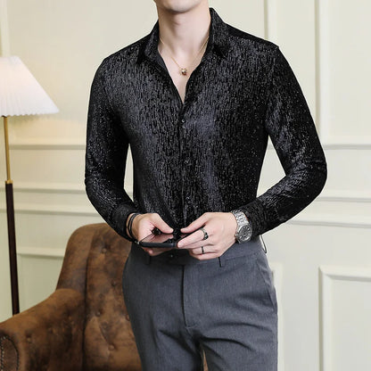 2024 Men's Shirts Luxury Shiny Velvet Social Shirts Autumn Winter Mens Dress Shirts Slim Long Sleeve Party Tuxedo Men Clothing