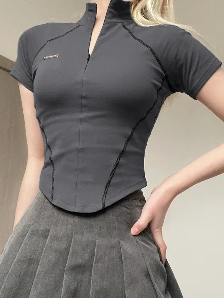 y2k Metal Crop Top Zipper Grey Short Sleeve Biker Moto Tee Korean Fashion Streetwear T Shirt Grunge Chic Outfits 90s