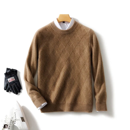 Men's 100% Wool Sweater Autumn Winter Thick O-neck Pullover Long Sleeve Rhombus Knitted Jumper Smart Casual Cashmere Knitwear
