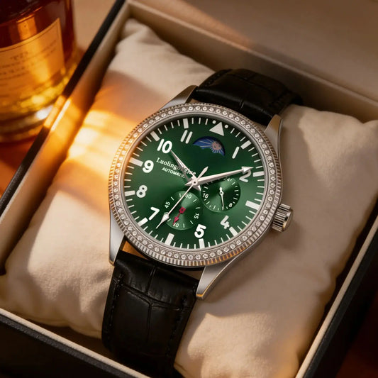 New Men's Mechanical Watch, Automatic Movement, Skeleton Design, Diamond-Encrusted Bezel, Leather Strap, Luminous Waterproof Watch, European and American Style, High Aesthetic Appeal, Business Casual, Versatile and Stylish Me