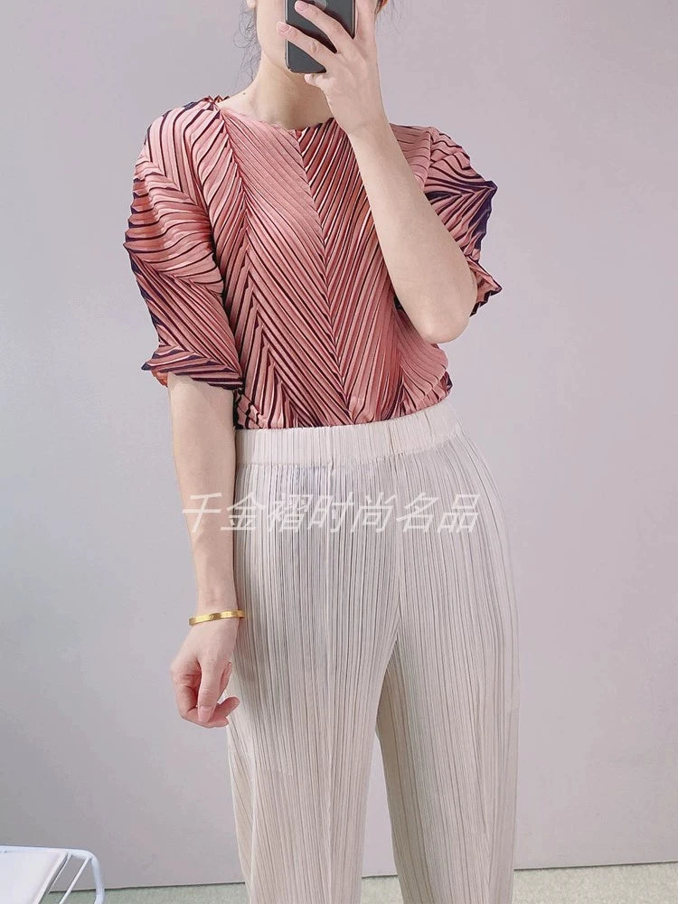 Miyake Pleated Fish Scale Printed Tops Women 2023 Summer