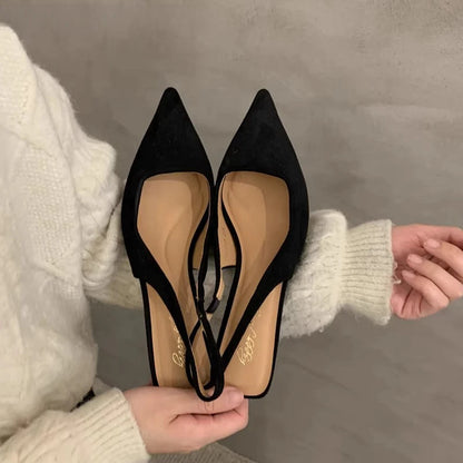 2024 Spring New Women Sandal Fashion Pointed Toe Shallow Slip On Dress Mules Shoes Thin Low Heel Slingback Sandal