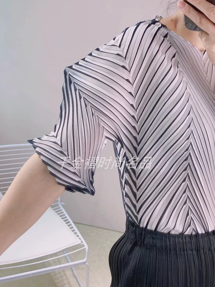Miyake Pleated Fish Scale Printed Tops Women 2023 Summer