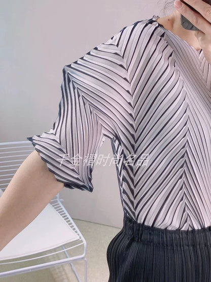 Miyake Pleated Fish Scale Printed Tops Women 2023 Summer