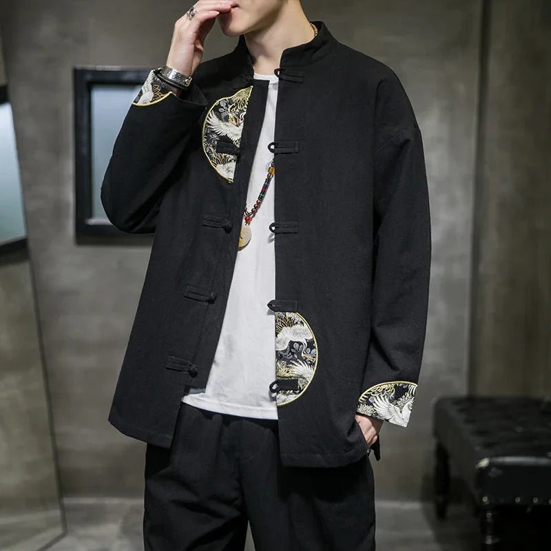 Men's Shirts Embroidered 2026 Spring Chinese Style Retro Stand Collar Jacket Cotton Linen Cardigan Men's Kungfu Loose Casual Top