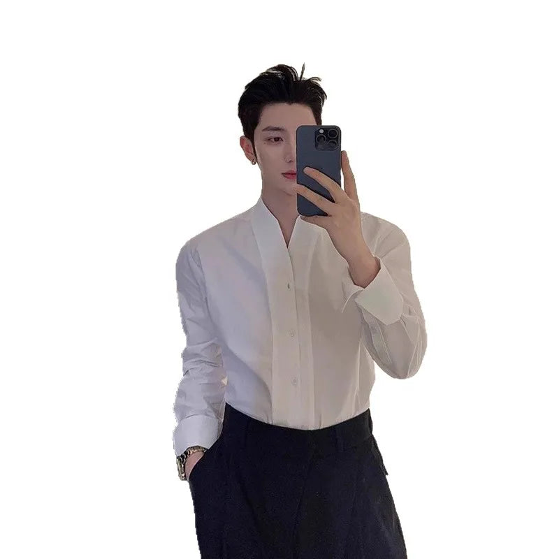 French Stand Collar White Long Sleeve Men, High-End Chic Style, Suitable For Blazer Layering, Slim Fit Collarless Shirt