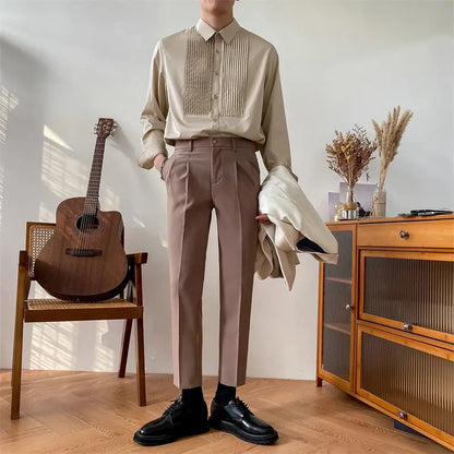 France England Style Men Shirts New Autumn Solid Lapel Button Pleated Korean Fashion Chic Business Casual Loose Long Sleeve Tops