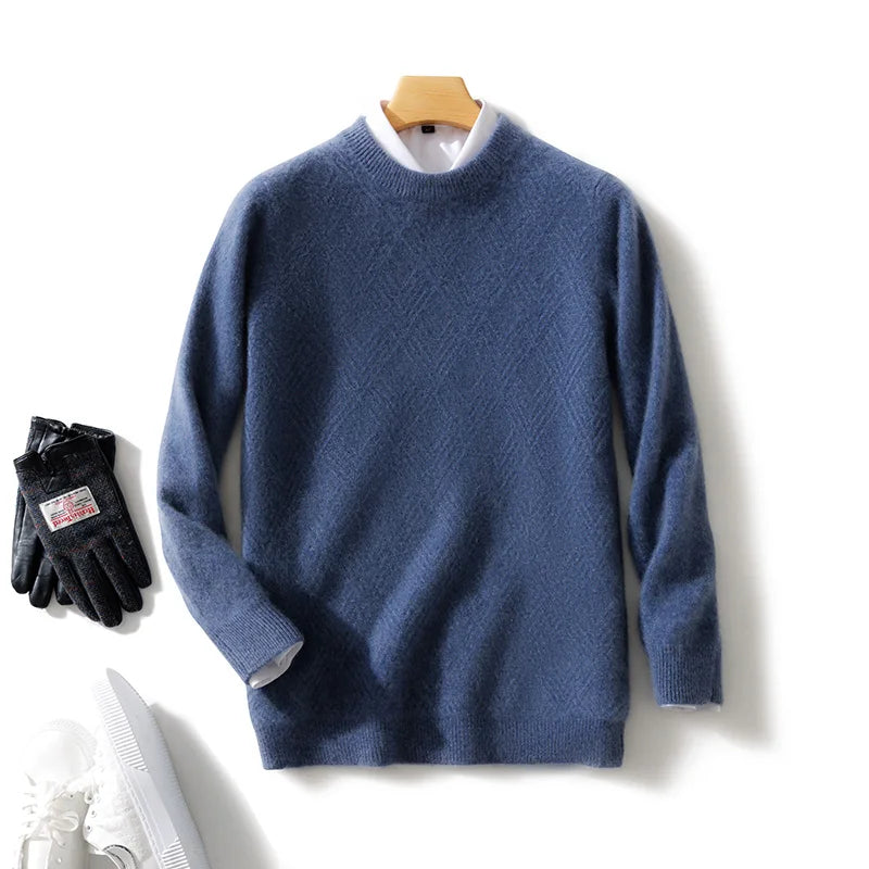 Men's 100% Wool Sweater Autumn Winter Thick O-neck Pullover Long Sleeve Rhombus Knitted Jumper Smart Casual Cashmere Knitwear