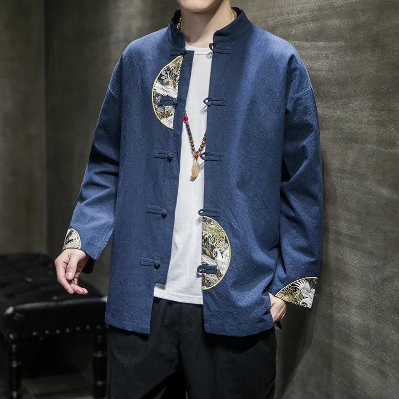 Men's Shirts Embroidered 2026 Spring Chinese Style Retro Stand Collar Jacket Cotton Linen Cardigan Men's Kungfu Loose Casual Top