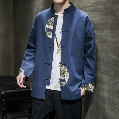 Men's Shirts Embroidered 2026 Spring Chinese Style Retro Stand Collar Jacket Cotton Linen Cardigan Men's Kungfu Loose Casual Top