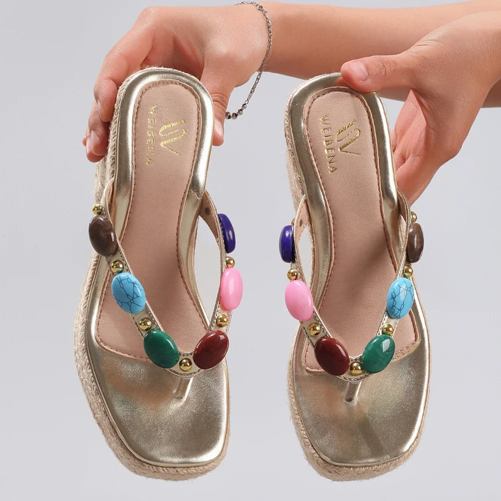 Women Slippers Summer Outwear Hemp Rope Wedge Sandals Colored Beaded Flip Flops Women Summer Leisure Vacation High Heels