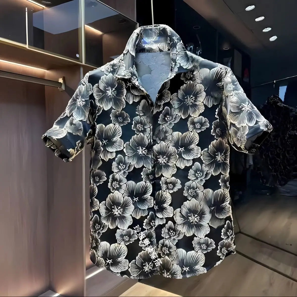 Ethnic Style Embossed Gold Flower Short Sleeve Shirt and Shorts Set