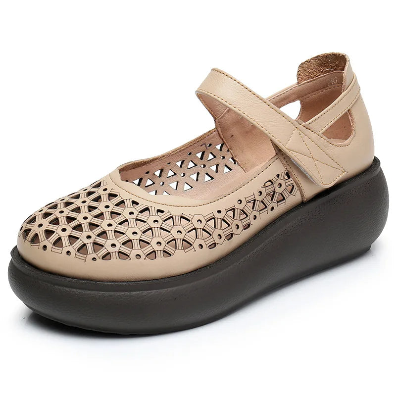 GKTINOO Genuine Leather Shoes Wedges Women Sandals 2026 New Spring Summer Hook & Loop Hollow Platform Sandals Large Size