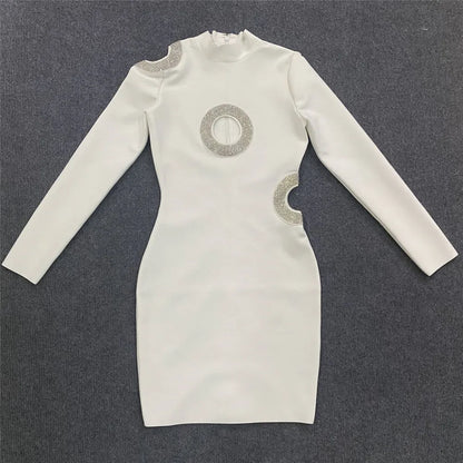 Women Sexy Hollow Out Beading Bandages Dress Long Sleeve Bodycon Clothes Club Party Celebrity Mini Dresses