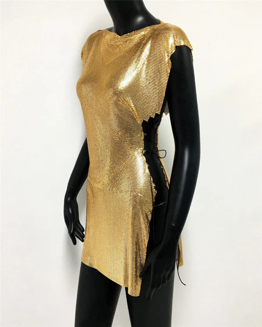 Glitter Metal Sequins Mini Dress Women Sexy Round Neck Sleeveless Side Split Bandage Dress Rave Festival Nightclub Evening Dress