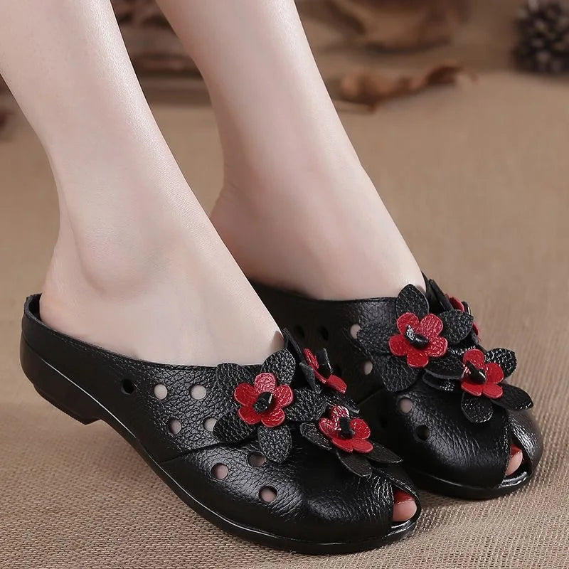 Summer Fashion Women Flat Heel Sandals Fashion Genuine Leather Handmade Flower Women Flat Heel Sandals Slippers Mother shoes