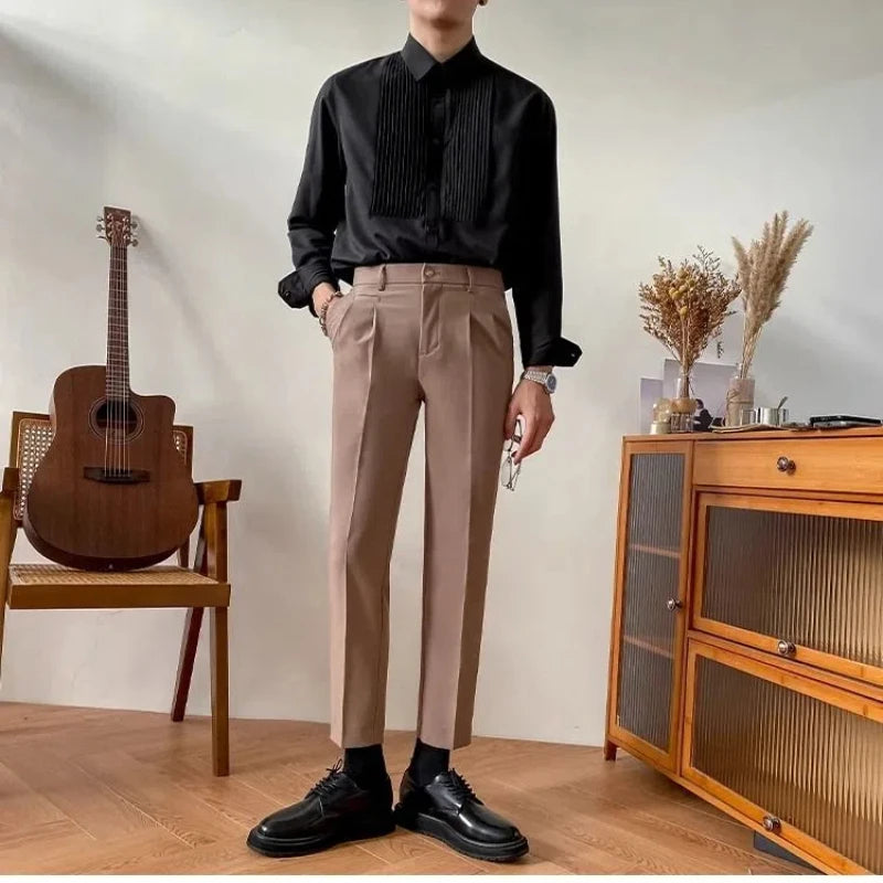 France England Style Men Shirts New Autumn Solid Lapel Button Pleated Korean Fashion Chic Business Casual Loose Long Sleeve Tops