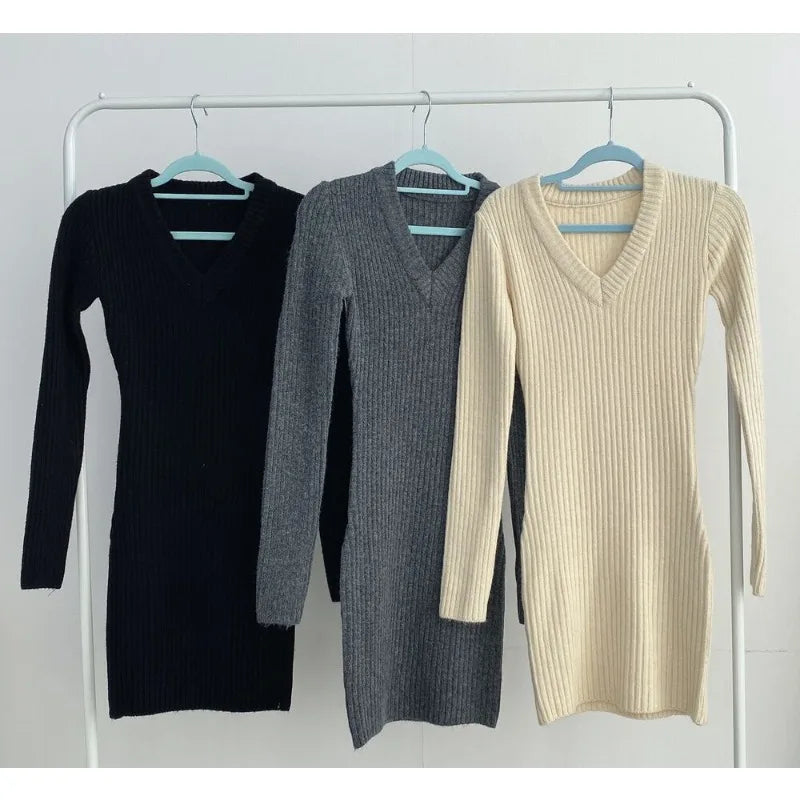 Fashion Vintage Autumn New Women's  Clothing V-neck Knitted Dress Elegant Slim-fitting Long-sleeved Knitwear Skirt