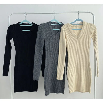 Fashion Vintage Autumn New Women's  Clothing V-neck Knitted Dress Elegant Slim-fitting Long-sleeved Knitwear Skirt