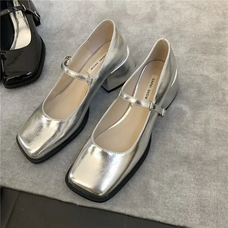 French Mary Jane's Shoes Women Pumps Spring Autumn Medium Heel Thick Square Toe Loafers Button Shallow Black Brown Women Heels