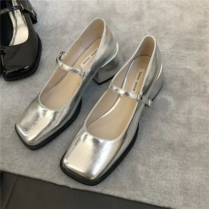 French Mary Jane's Shoes Women Pumps Spring Autumn Medium Heel Thick Square Toe Loafers Button Shallow Black Brown Women Heels