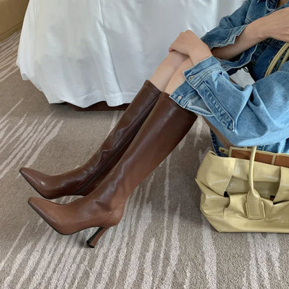 Women High Boots Fashion Pointed Toe Ladies Elegant Square High Heel Long Boots Short Plush Women Square Toe High Stretch Boots
