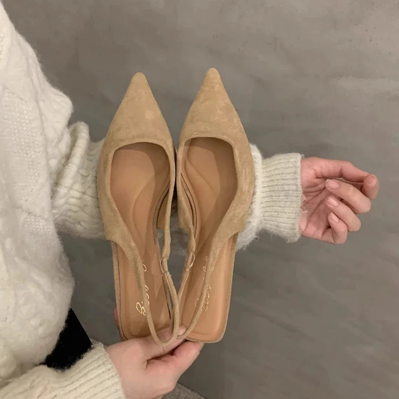 2024 Spring New Women Sandal Fashion Pointed Toe Shallow Slip On Dress Mules Shoes Thin Low Heel Slingback Sandal