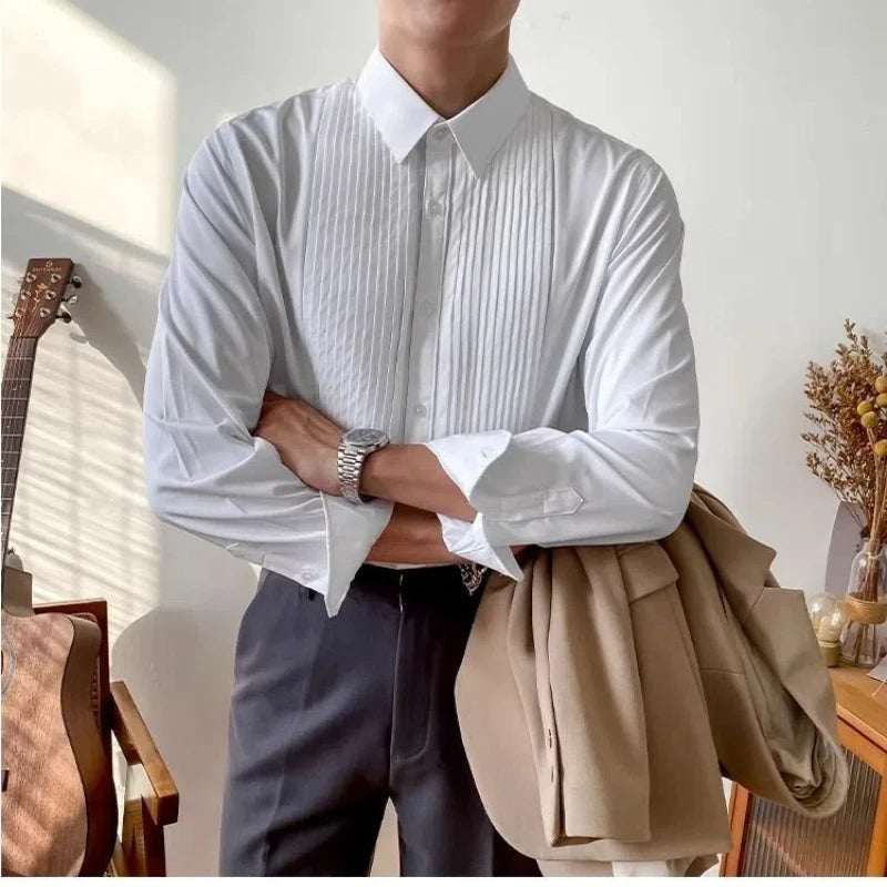France England Style Men Shirts New Autumn Solid Lapel Button Pleated Korean Fashion Chic Business Casual Loose Long Sleeve Tops