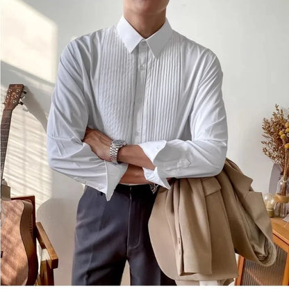 France England Style Men Shirts New Autumn Solid Lapel Button Pleated Korean Fashion Chic Business Casual Loose Long Sleeve Tops