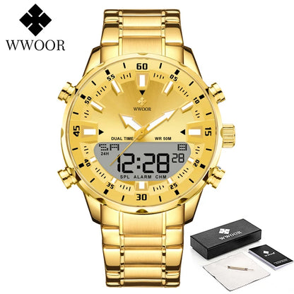 WWOOR New Top Luxury Original Sports Wrist Watch For Men Quartz Steel Waterproof Dual Display Military Watches Relogio Masculino