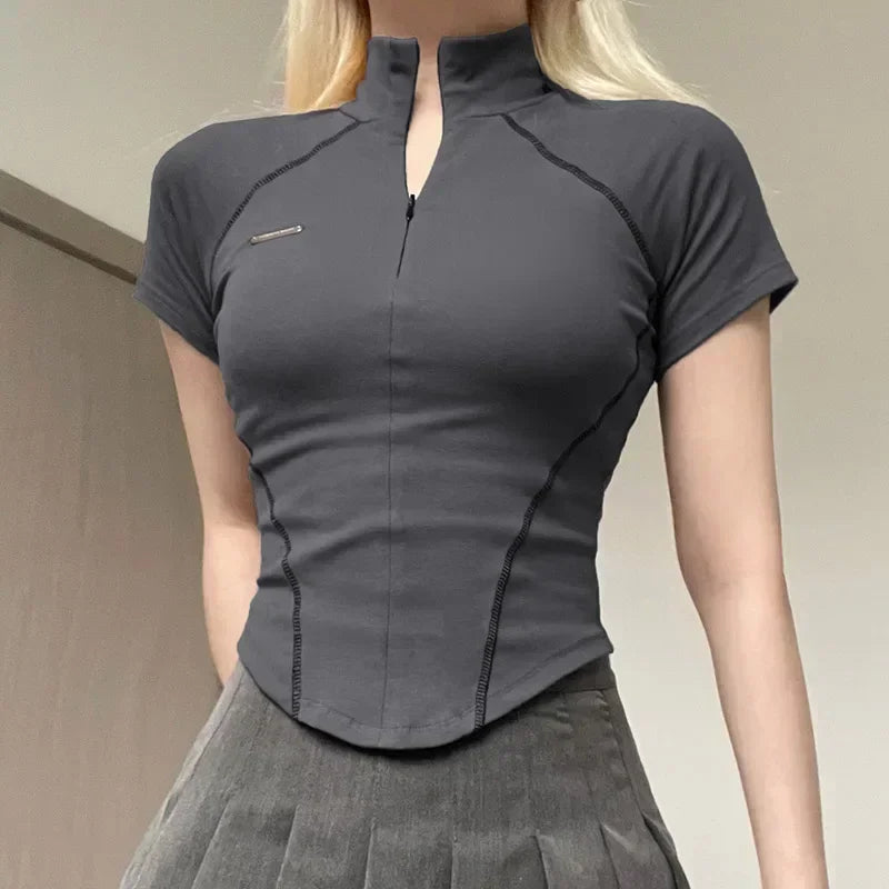 y2k Metal Crop Top Zipper Grey Short Sleeve Biker Moto Tee Korean Fashion Streetwear T Shirt Grunge Chic Outfits 90s