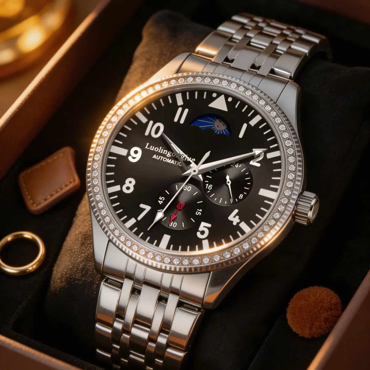 New Men's Mechanical Watch, Automatic Movement, Skeleton Design, Diamond-Encrusted Bezel, Leather Strap, Luminous Waterproof Watch, European and American Style, High Aesthetic Appeal, Business Casual, Versatile and Stylish Me