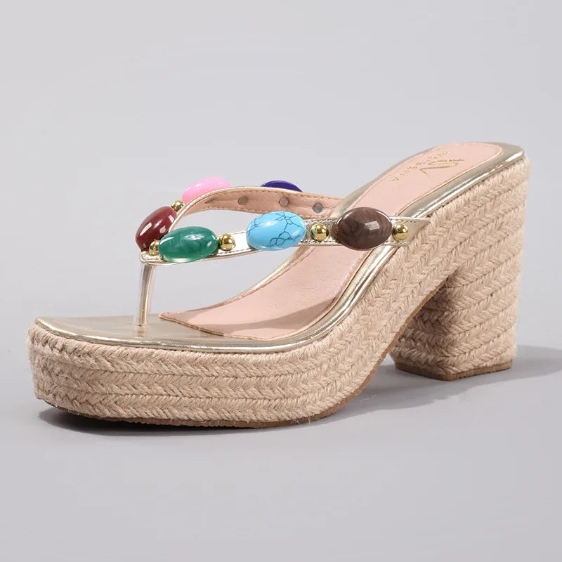 Women Slippers Summer Outwear Hemp Rope Wedge Sandals Colored Beaded Flip Flops Women Summer Leisure Vacation High Heels
