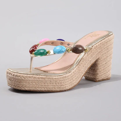 Women Slippers Summer Outwear Hemp Rope Wedge Sandals Colored Beaded Flip Flops Women Summer Leisure Vacation High Heels
