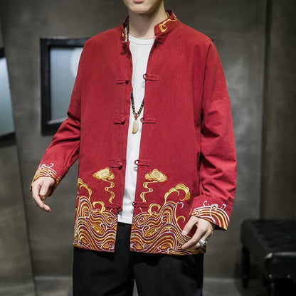 Men's Shirts Embroidered 2026 Spring Chinese Style Retro Stand Collar Jacket Cotton Linen Cardigan Men's Kungfu Loose Casual Top