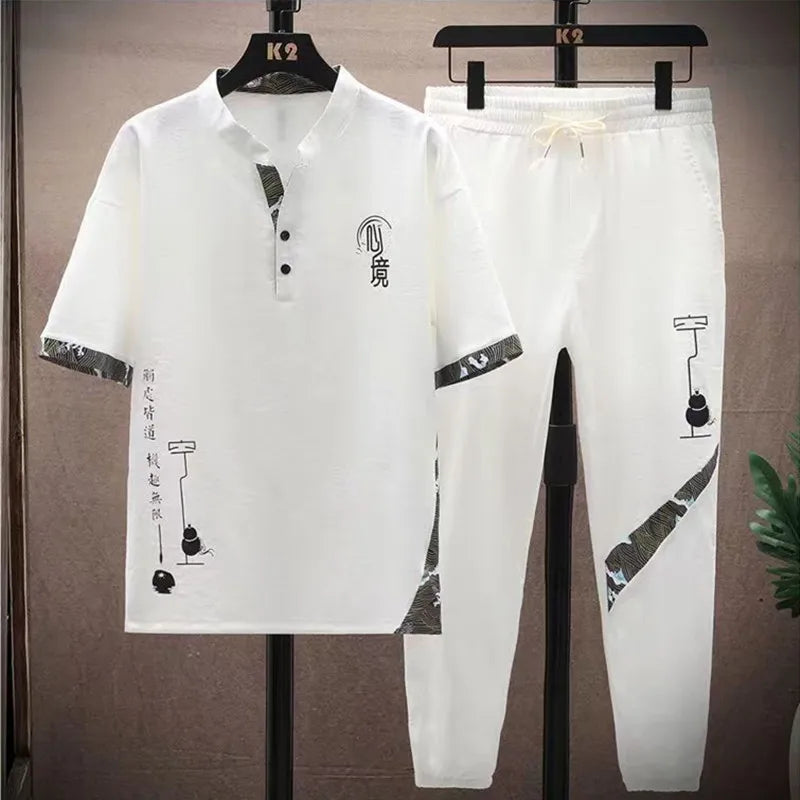 (Shirt + trousers) 2026 summer fashion men shirt Cotton shirts men's sets High quality shirts Two Piece size M-4XL TZ0195