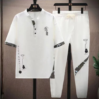 (Shirt + trousers) 2026 summer fashion men shirt Cotton shirts men's sets High quality shirts Two Piece size M-4XL TZ0195
