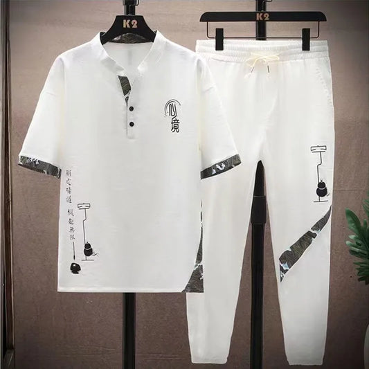 (Shirt + trousers) 2026 summer fashion men shirt Cotton shirts men's sets High quality shirts Two Piece size M-4XL TZ0195