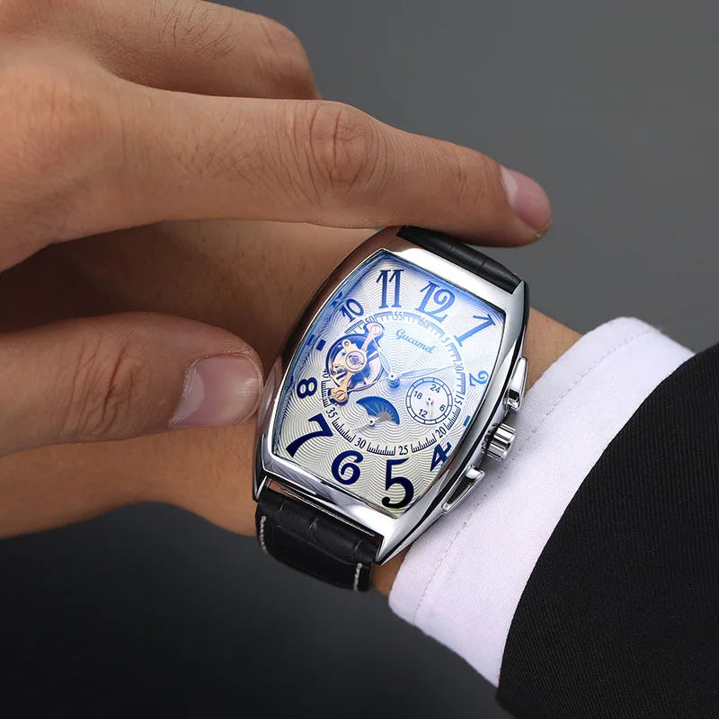 Men’s* Automatic Mechanical Watch Barrel Shape Tourbillon Design Luxury Business Wristwatch