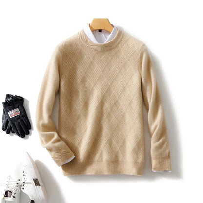 Men's 100% Wool Sweater Autumn Winter Thick O-neck Pullover Long Sleeve Rhombus Knitted Jumper Smart Casual Cashmere Knitwear
