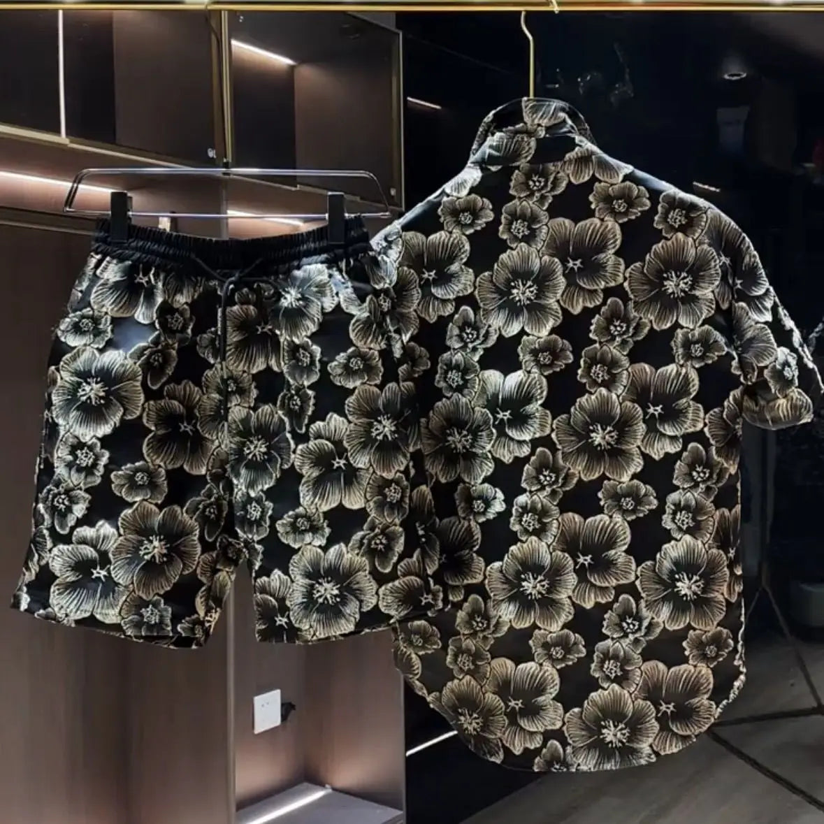 Ethnic Style Embossed Gold Flower Short Sleeve Shirt and Shorts Set